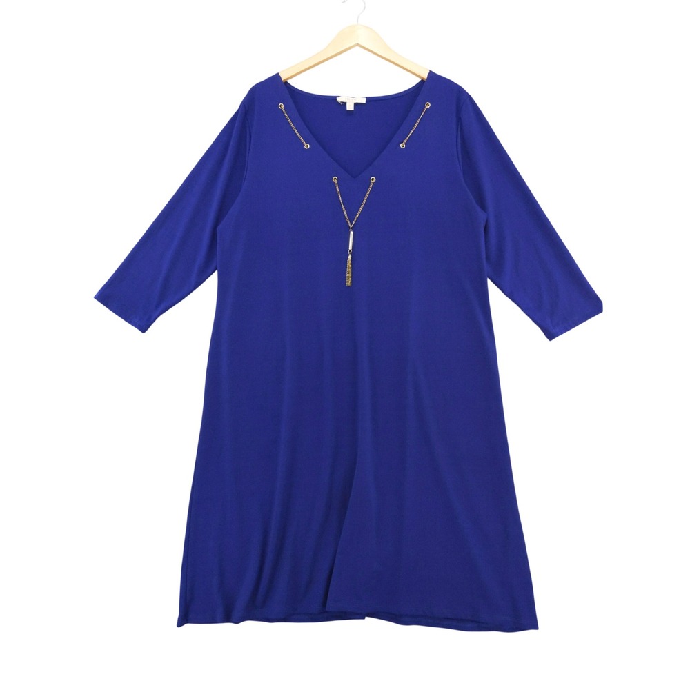 Haani Dress Women 2X‎ Blue V-Neck Gold Chain Tassel 3/4 Sleeve A-Line